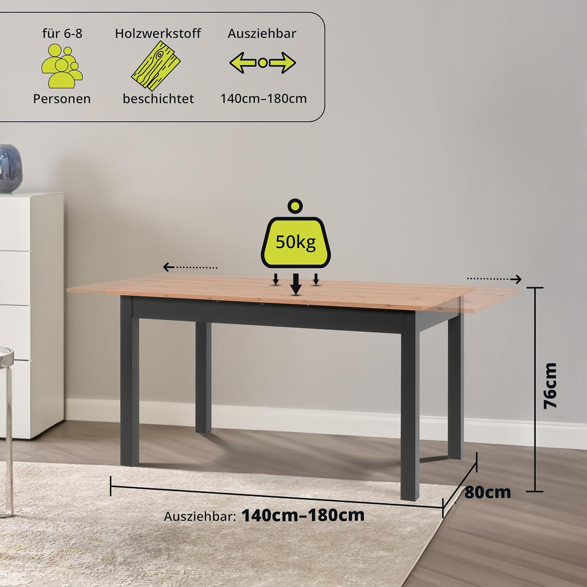 smart Esstisch 140x80 cm Asteiche, Küchentisch ausziehbar bis 180 cm, Esszimmertisch aus Holzwerkstoff inkl. erweiterbare Auszugsplatte, moderner Tisch für bis zu 8 Personen