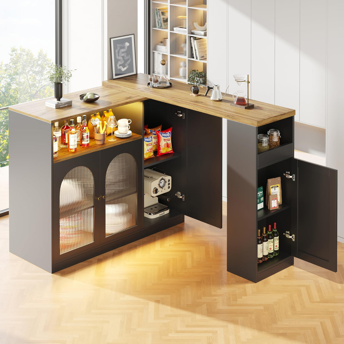 Merax Ausziehbarer Bartisch mit Stauraum, 360° drehbarer Beweglicher Bartisch Küchentheke Kücheninsel Kaffeeecke, mit Offene Ablagefächer, Glasschiebetür, Weiß/120-180 x 45 x 103 cm