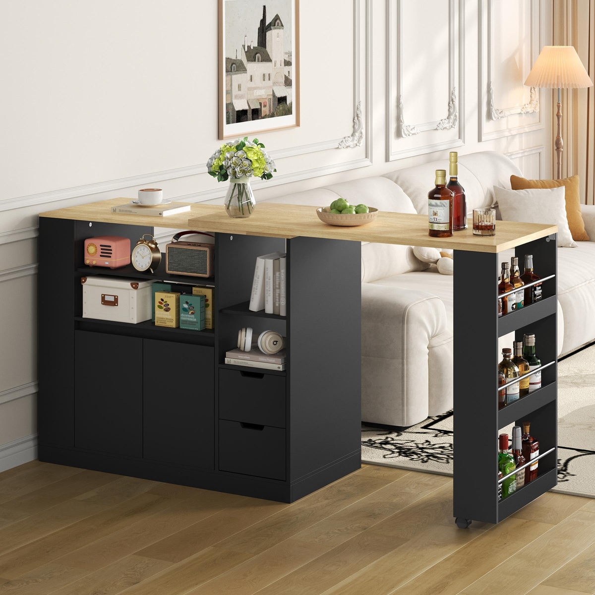 Merax Ausziehbarer Bartisch mit Stauraum, 360° drehbarer Beweglicher Bartisch Küchentheke Kücheninsel Kaffeeecke, mit Offene Ablagefächer, Glasschiebetür, Weiß/120-180 x 45 x 103 cm