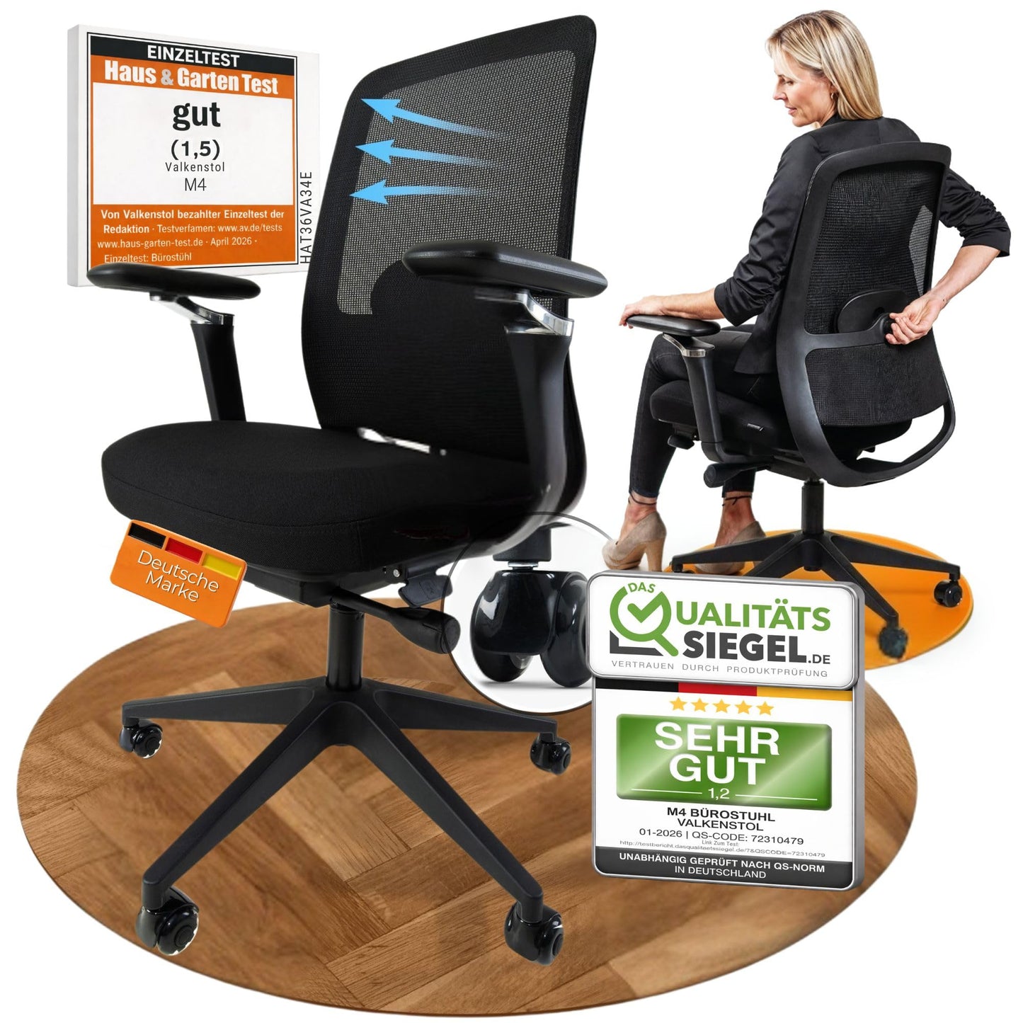 VALKENSTOL M2 Ergonomischer Bürostuhl Schwarz bis 150 kg – Schreibtischstuhl mit verstellbarer Lendenstütze, Mesh-Rücken & Höhenverstellung