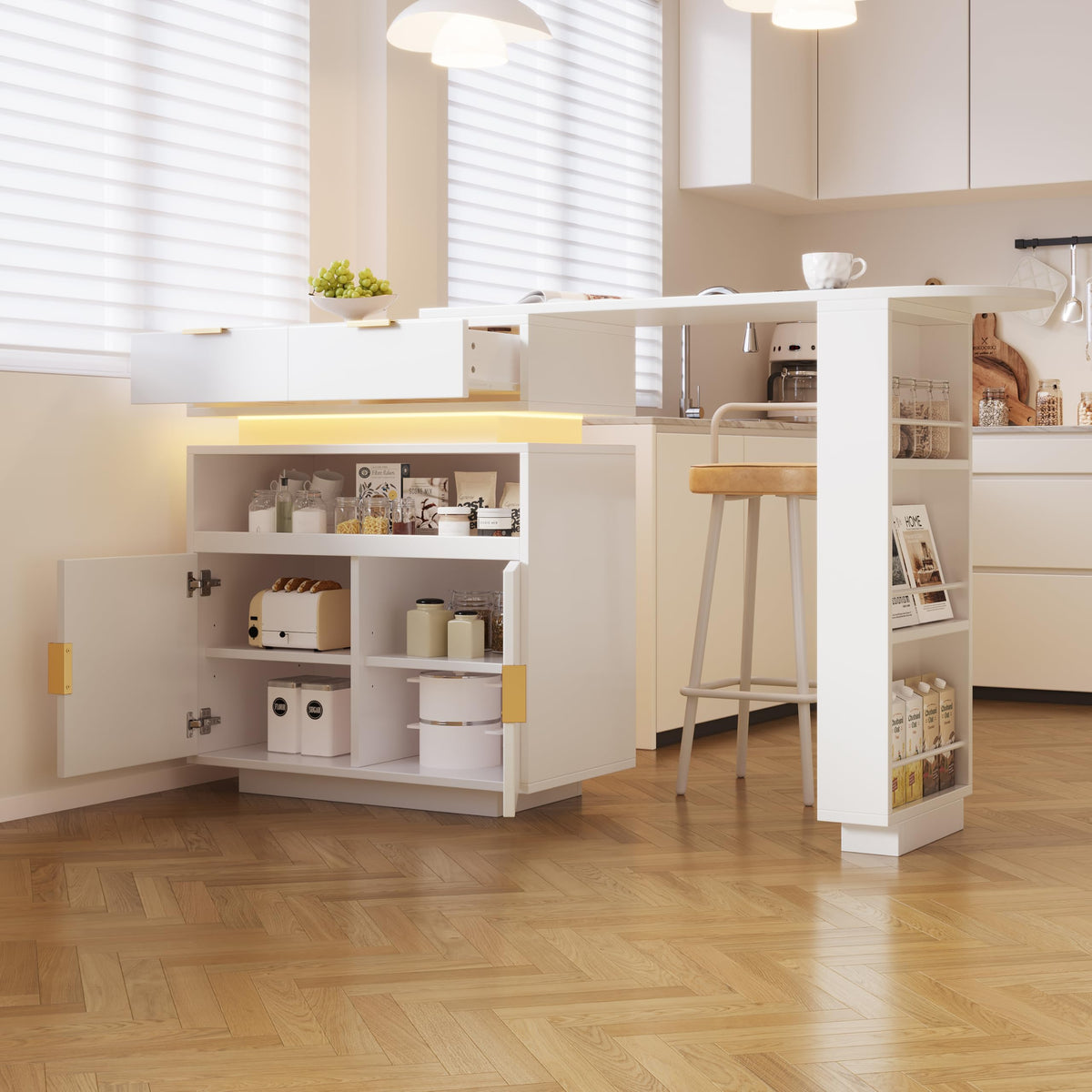 Merax Ausziehbarer Bartisch mit Stauraum, 360° drehbarer Beweglicher Bartisch Küchentheke Kücheninsel Kaffeeecke, mit Offene Ablagefächer, Glasschiebetür, Weiß/120-180 x 45 x 103 cm
