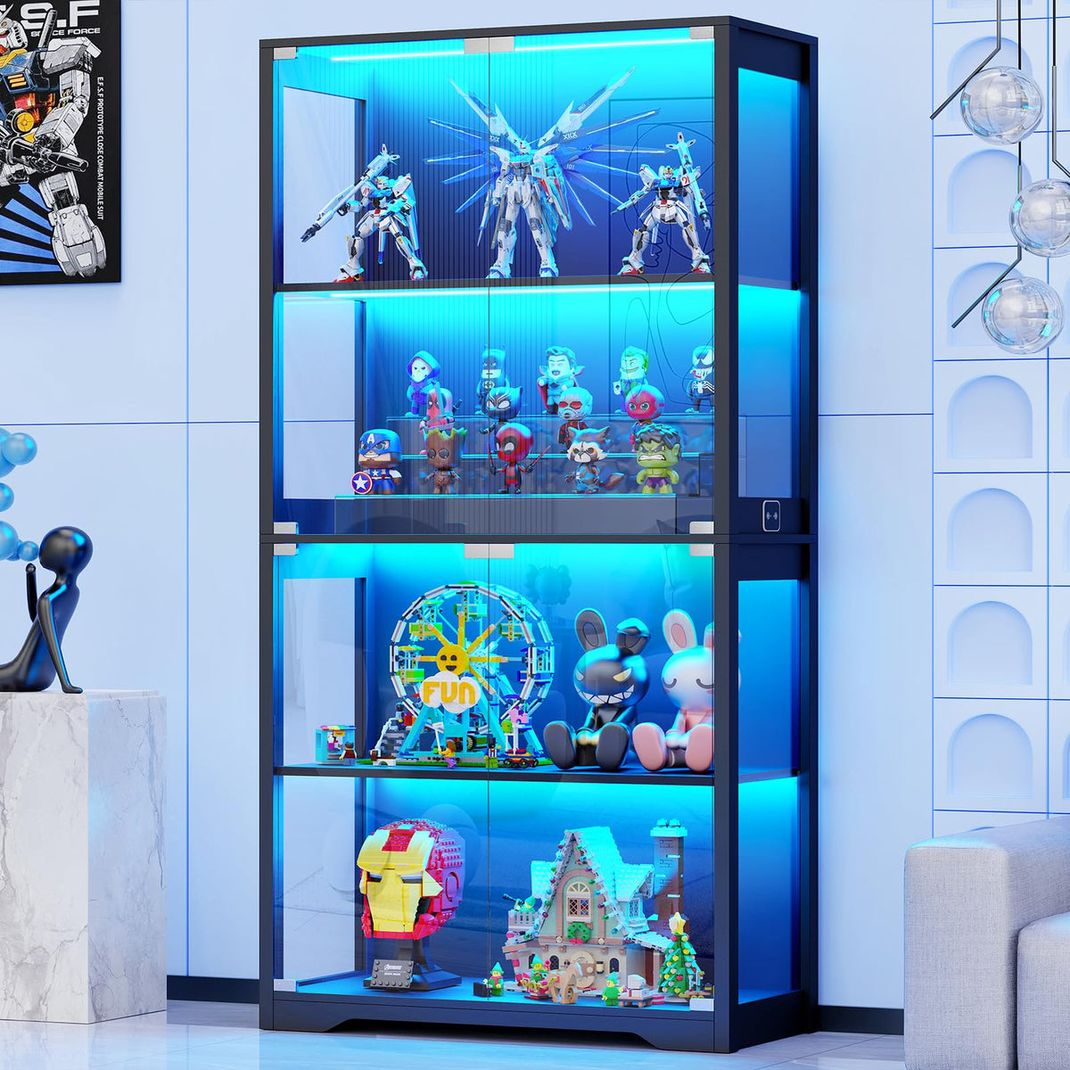 BROTTAR Glasvitrine mit Dreifarbig LED Beleuchtung und Glastüren, Glasvitrine Stehend mit Körpersensor-System, Sammlervitrine für Wohnzimmer, Büro, Bücher, Spielzimmer, Schwarz (40 x 35 x 160cm)