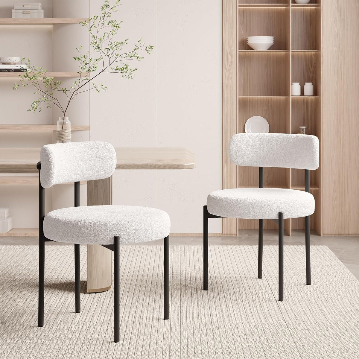 Hawthyhome Esszimmerstühle 4er Set丨Teddy Stoff Runde Boucle Stühle·Mid-Century gepolsterte Küchenstühle·Dining Chairs mit Metallbeinen·Creme Wei߷
