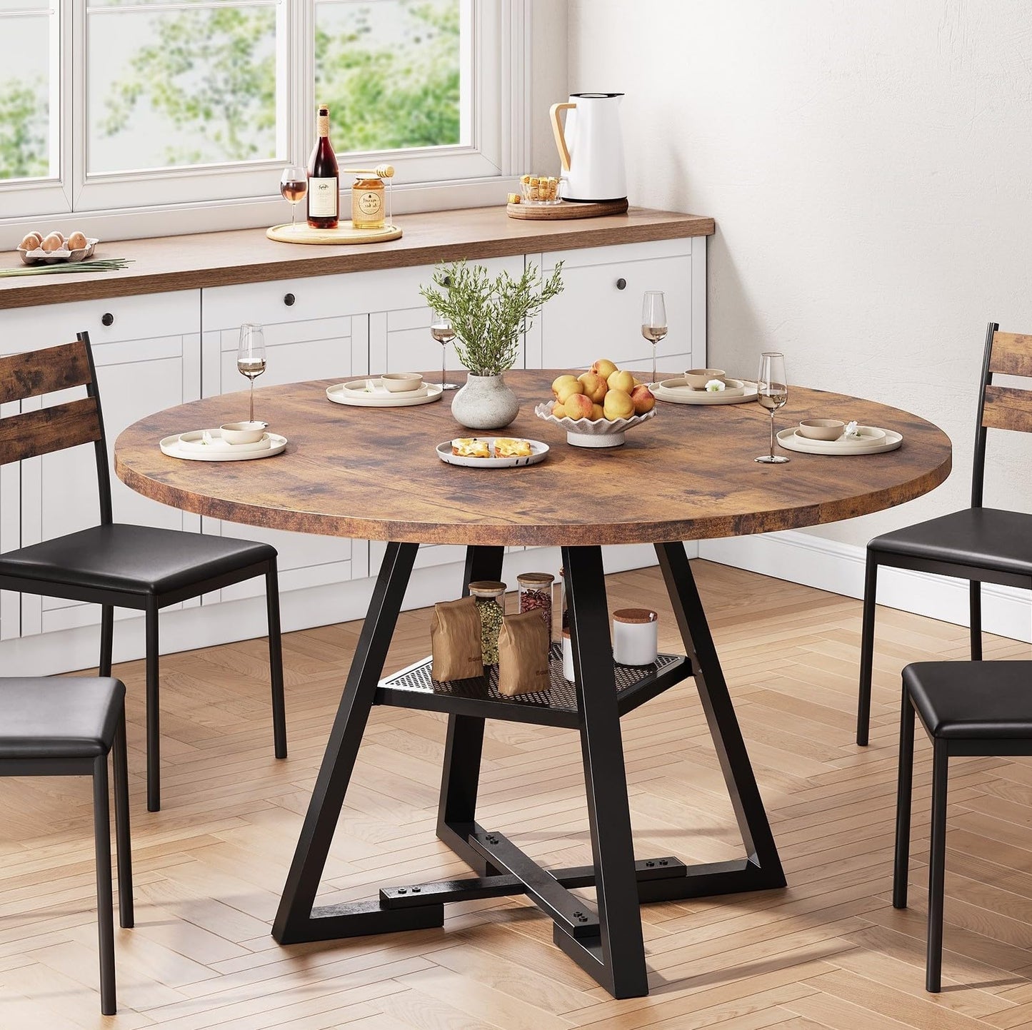 Jocoevol Esstisch Runder für 2–4 Personen, Esszimmertisch mit Ablage, platzsparender Küchentisch aus Holz im Industrial Design (Schwarz, 107x107x76cm)
