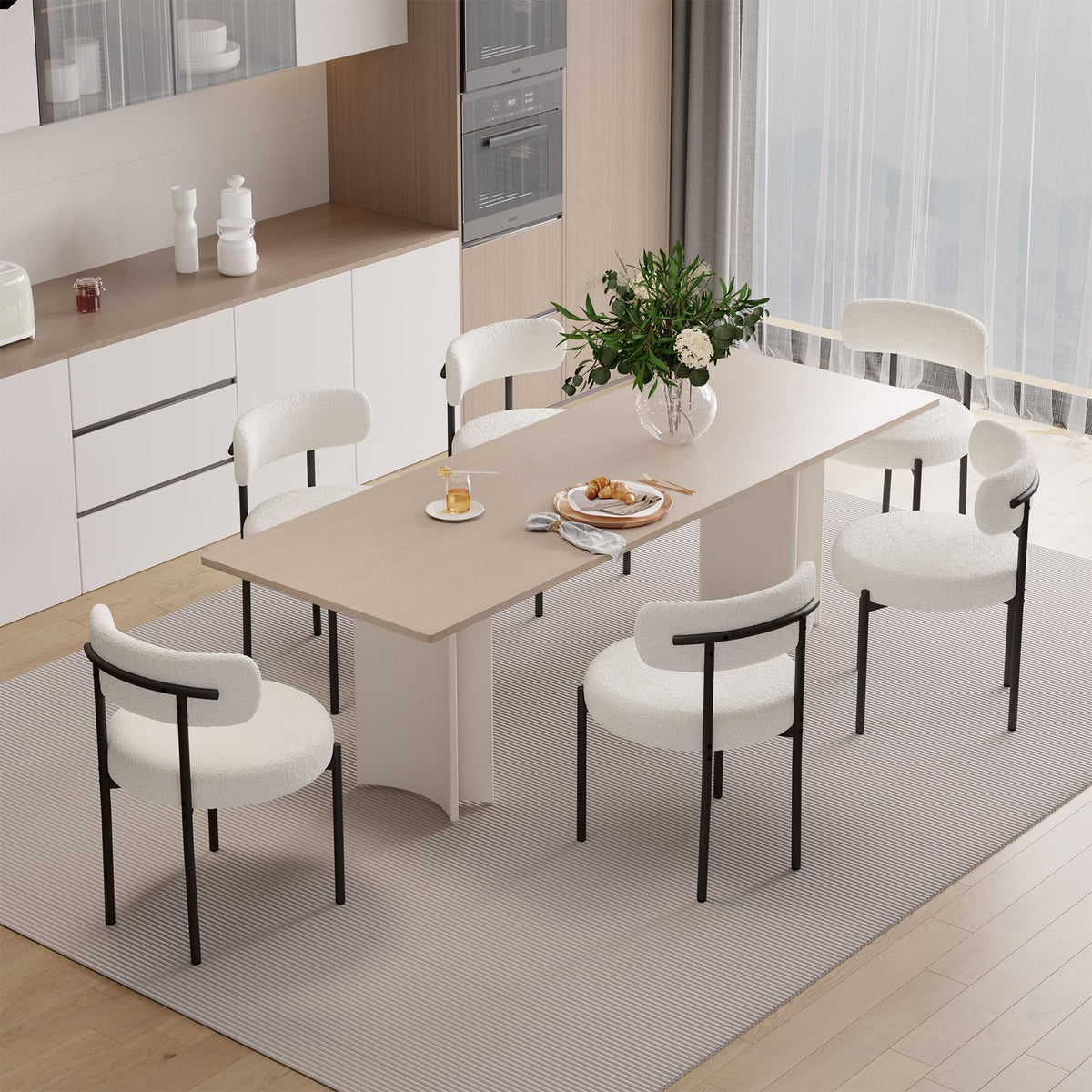 Hawthyhome Esszimmerstühle 4er Set丨Teddy Stoff Runde Boucle Stühle·Mid-Century gepolsterte Küchenstühle·Dining Chairs mit Metallbeinen·Creme Wei߷