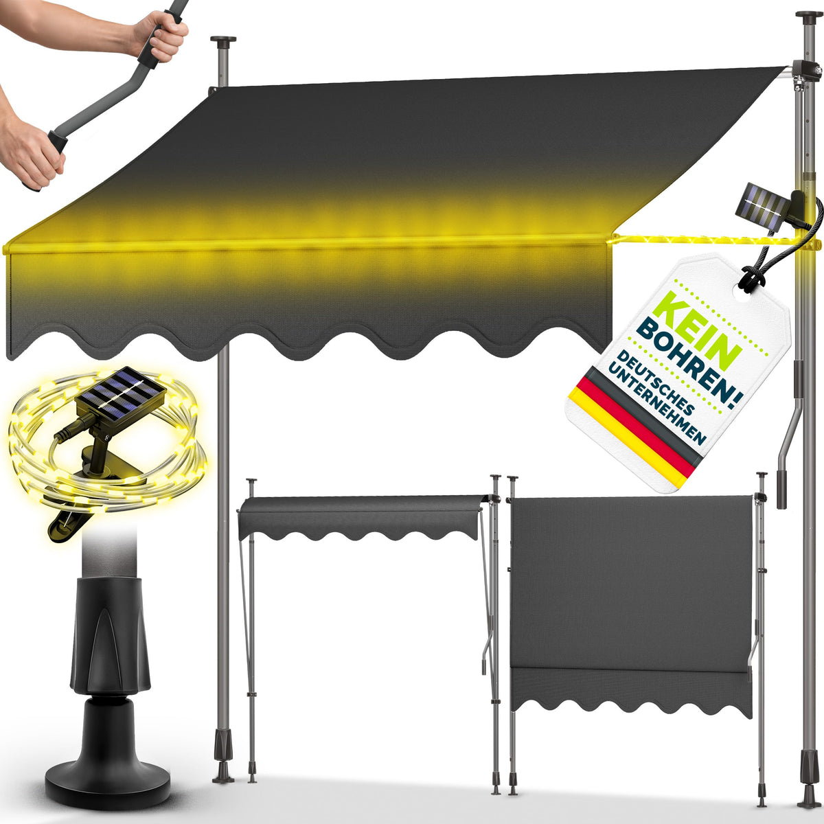 tillvex Klemmmarkise 350cm breit mit Handkurbel | Balkonmarkise ohne Bohren