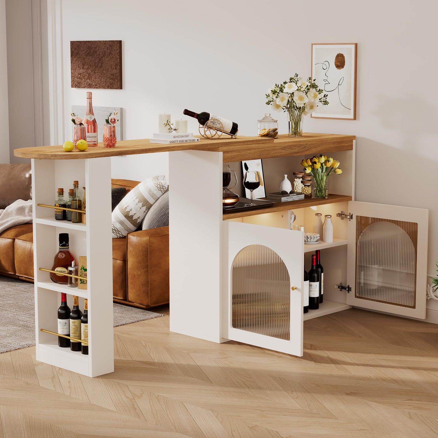 Merax Ausziehbarer Bartisch mit Stauraum, 360° drehbarer Beweglicher Bartisch Küchentheke Kücheninsel Kaffeeecke, mit Offene Ablagefächer, Glasschiebetür, Weiß/120-180 x 45 x 103 cm