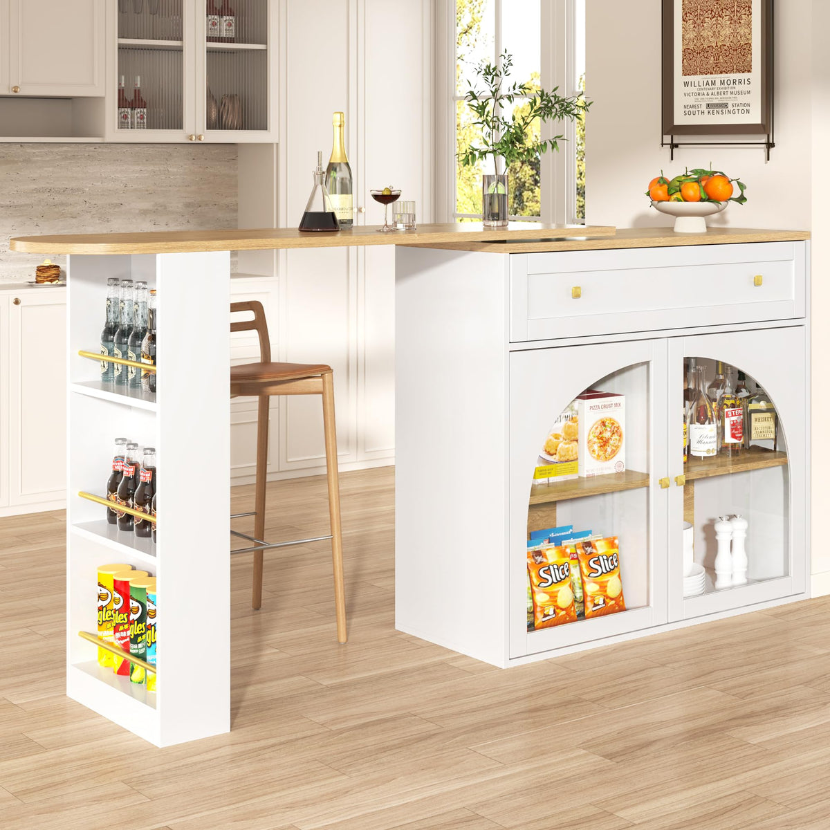 Merax Ausziehbarer Bartisch mit Stauraum, 360° drehbarer Beweglicher Bartisch Küchentheke Kücheninsel Kaffeeecke, mit Offene Ablagefächer, Glasschiebetür, Weiß/120-180 x 45 x 103 cm