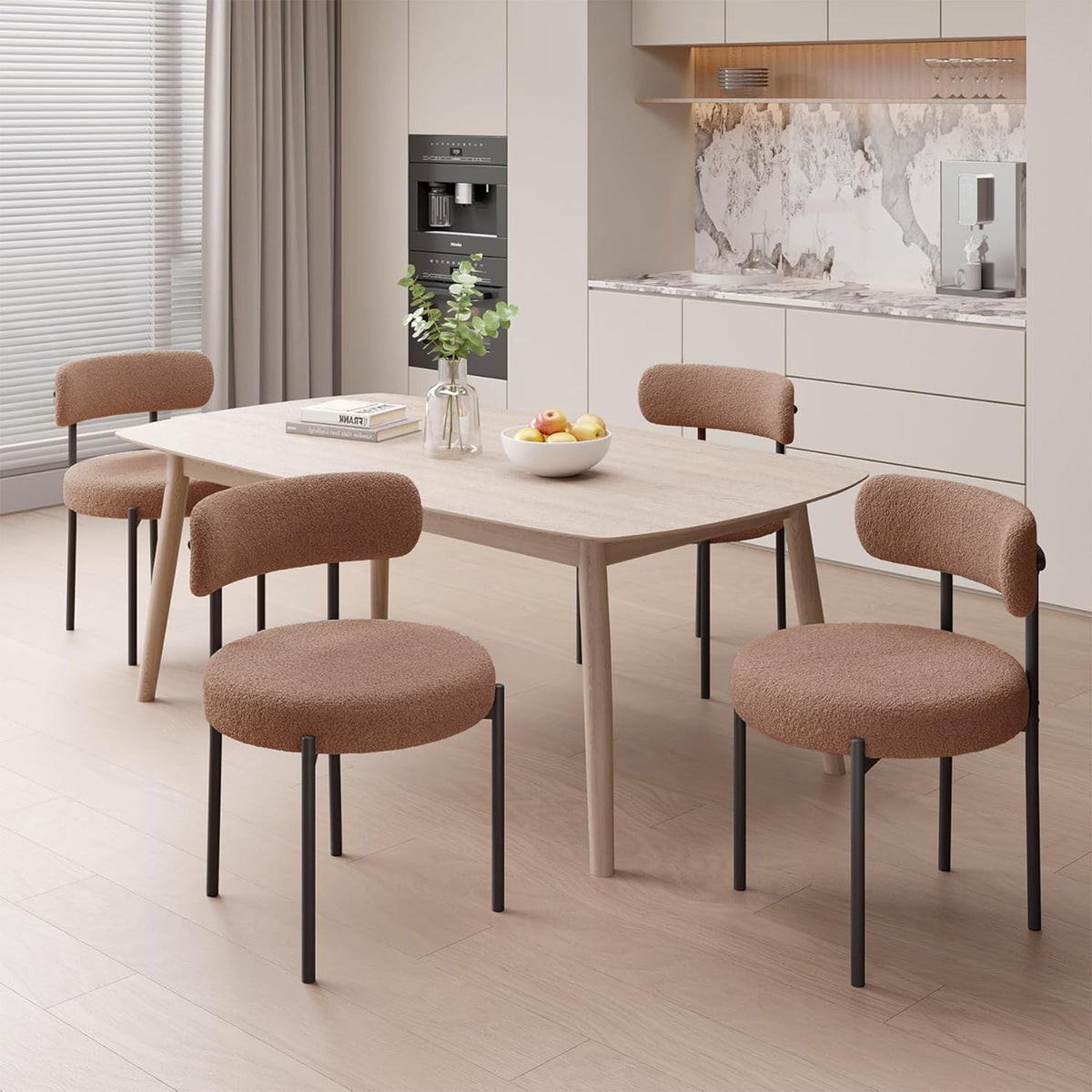 Hawthyhome Esszimmerstühle 4er Set丨Teddy Stoff Runde Boucle Stühle·Mid-Century gepolsterte Küchenstühle·Dining Chairs mit Metallbeinen·Creme Wei߷