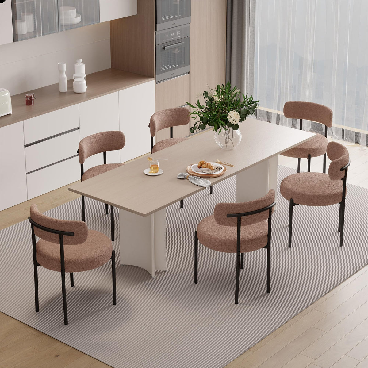 Hawthyhome Esszimmerstühle 4er Set丨Teddy Stoff Runde Boucle Stühle·Mid-Century gepolsterte Küchenstühle·Dining Chairs mit Metallbeinen·Creme Wei߷