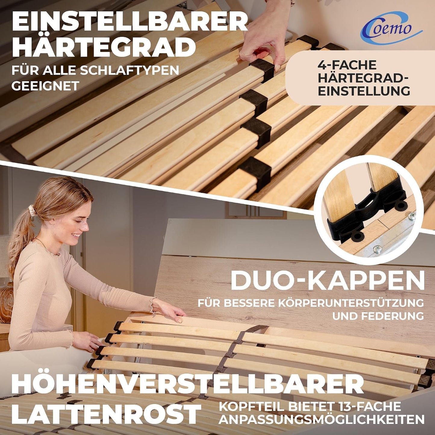Coemo 7-Zonen Lattenrost 140x200 cm – Verstellbares Kopfteil, 28 Federleisten, 5-fach Härtegrad & Buche-Birken Rahmen bis 140 kg