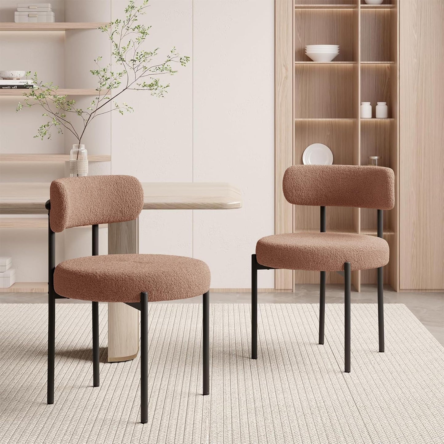 Hawthyhome Esszimmerstühle 4er Set丨Teddy Stoff Runde Boucle Stühle·Mid-Century gepolsterte Küchenstühle·Dining Chairs mit Metallbeinen·Creme Wei߷