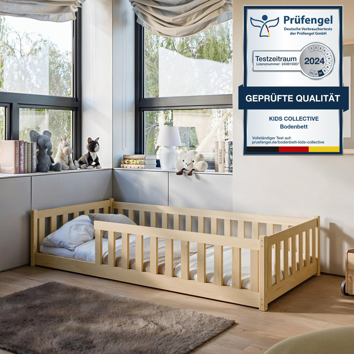 Kids Collective Kinderbett Bodenbett 120x200 cm Bett mit Rausfallschutz & Lattenrost Montessori Bett Bed Gitterbett Kinder Jugendbett Einzelbett | Natur Kiefer Holz massiv Junge Mädchen