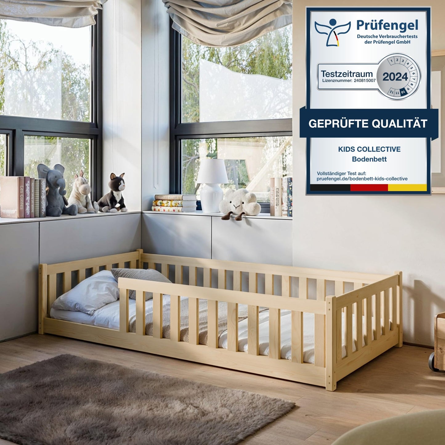 Kids Collective Kinderbett Bodenbett 120x200 cm Bett mit Rausfallschutz & Lattenrost Montessori Bett Bed Gitterbett Kinder Jugendbett Einzelbett | Natur Kiefer Holz massiv Junge Mädchen
