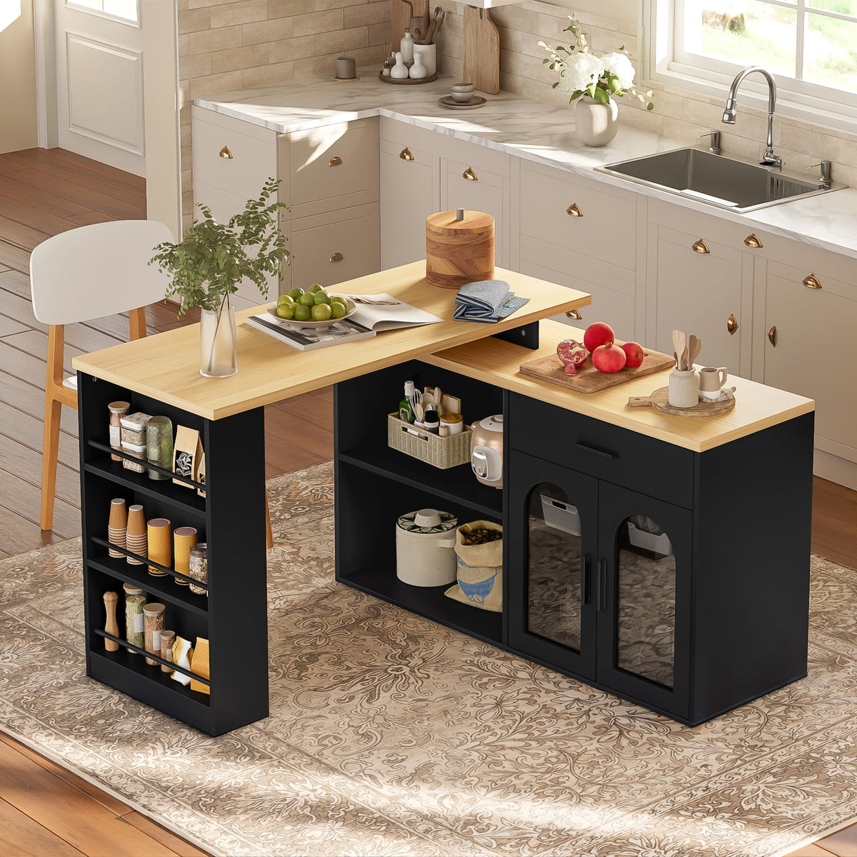 Merax Ausziehbarer Bartisch mit Stauraum, 360° drehbarer Beweglicher Bartisch Küchentheke Kücheninsel Kaffeeecke, mit Offene Ablagefächer, Glasschiebetür, Weiß/120-180 x 45 x 103 cm