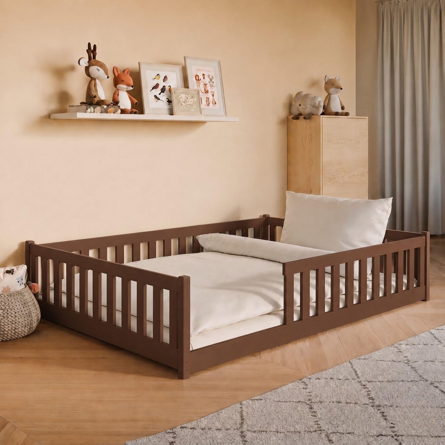 Kids Collective Kinderbett Bodenbett 120x200 cm Bett mit Rausfallschutz & Lattenrost Montessori Bett Bed Gitterbett Kinder Jugendbett Einzelbett | Natur Kiefer Holz massiv Junge Mädchen