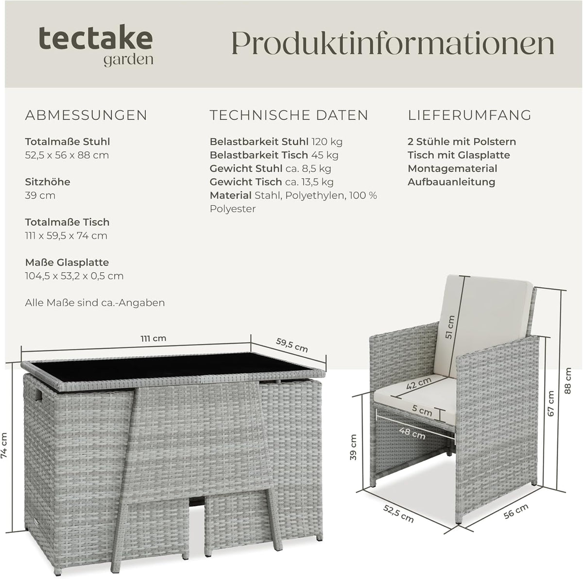 tectake Poly Rattan Balkonmöbel Set für 2 Personen Hellgrau – 2 Sessel & Tisch, Platzsparende Gartenlounge mit Kissen