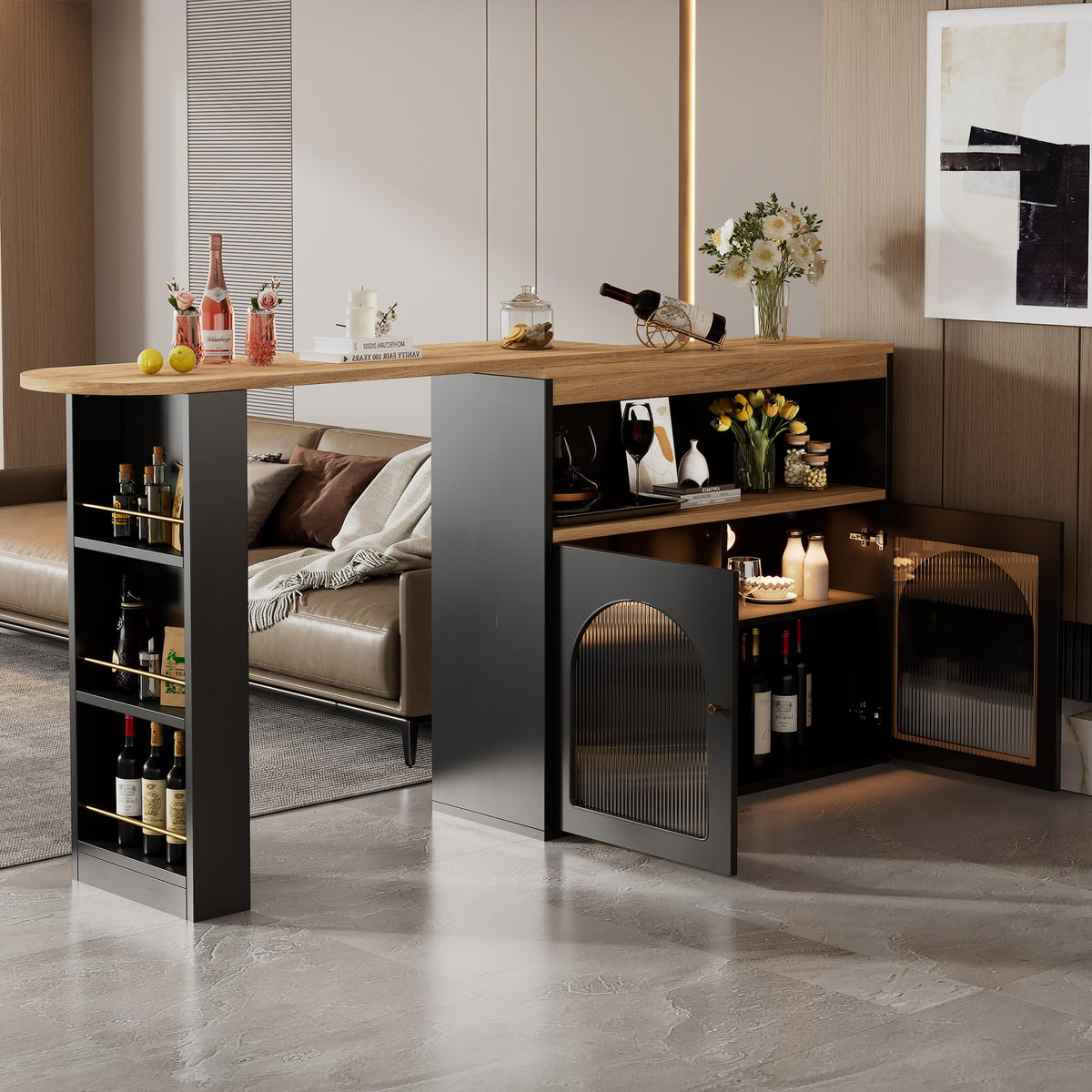 Merax Ausziehbarer Bartisch mit Stauraum, 360° drehbarer Beweglicher Bartisch Küchentheke Kücheninsel Kaffeeecke, mit Offene Ablagefächer, Glasschiebetür, Weiß/120-180 x 45 x 103 cm