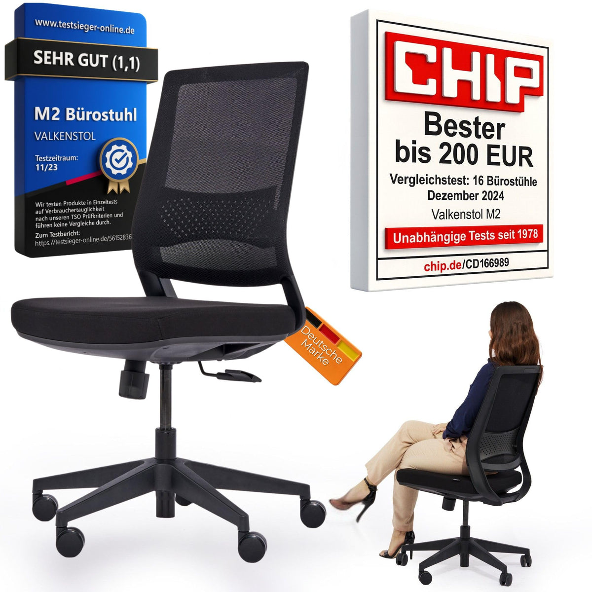 VALKENSTOL M2 Ergonomischer Bürostuhl Schwarz bis 150 kg – Schreibtischstuhl mit verstellbarer Lendenstütze, Mesh-Rücken & Höhenverstellung