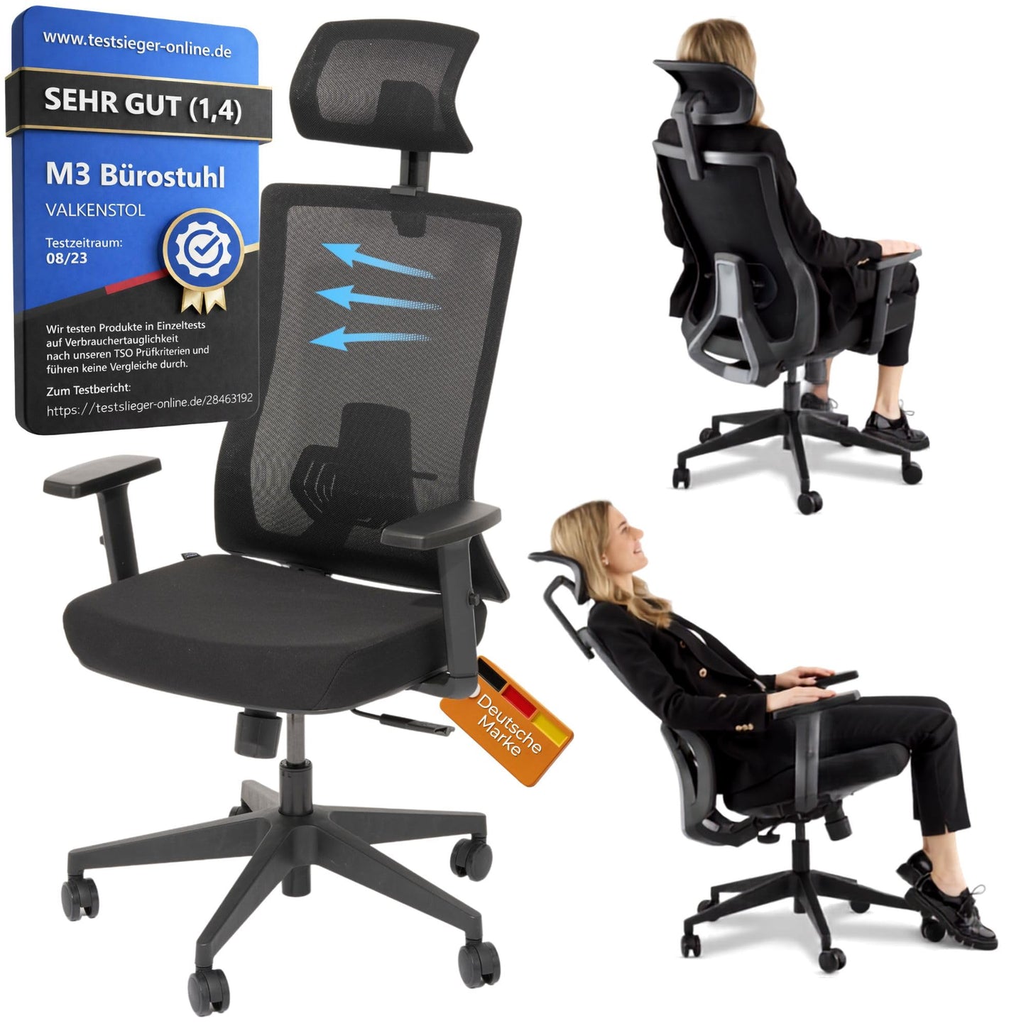 VALKENSTOL M2 Ergonomischer Bürostuhl Schwarz bis 150 kg – Schreibtischstuhl mit verstellbarer Lendenstütze, Mesh-Rücken & Höhenverstellung