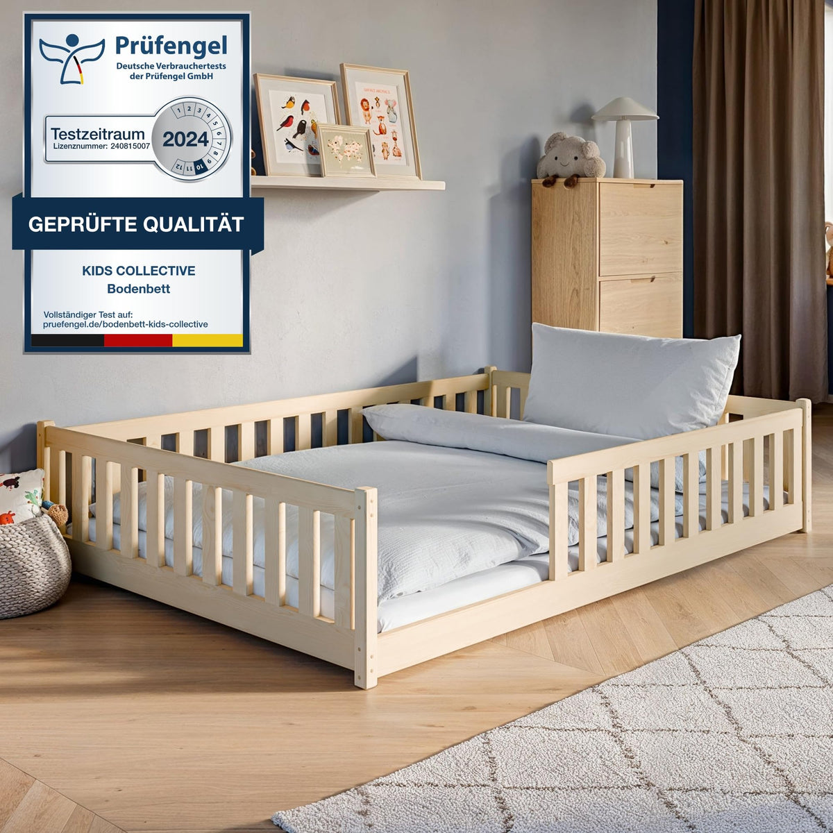 Kids Collective Kinderbett Bodenbett 120x200 cm Bett mit Rausfallschutz & Lattenrost Montessori Bett Bed Gitterbett Kinder Jugendbett Einzelbett | Natur Kiefer Holz massiv Junge Mädchen