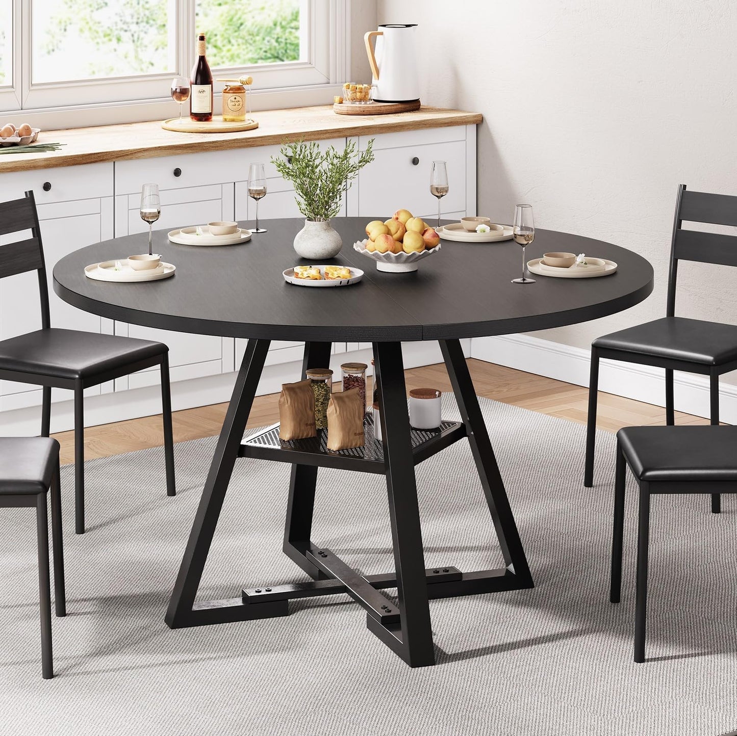 Jocoevol Esstisch Runder für 2–4 Personen, Esszimmertisch mit Ablage, platzsparender Küchentisch aus Holz im Industrial Design (Schwarz, 107x107x76cm)