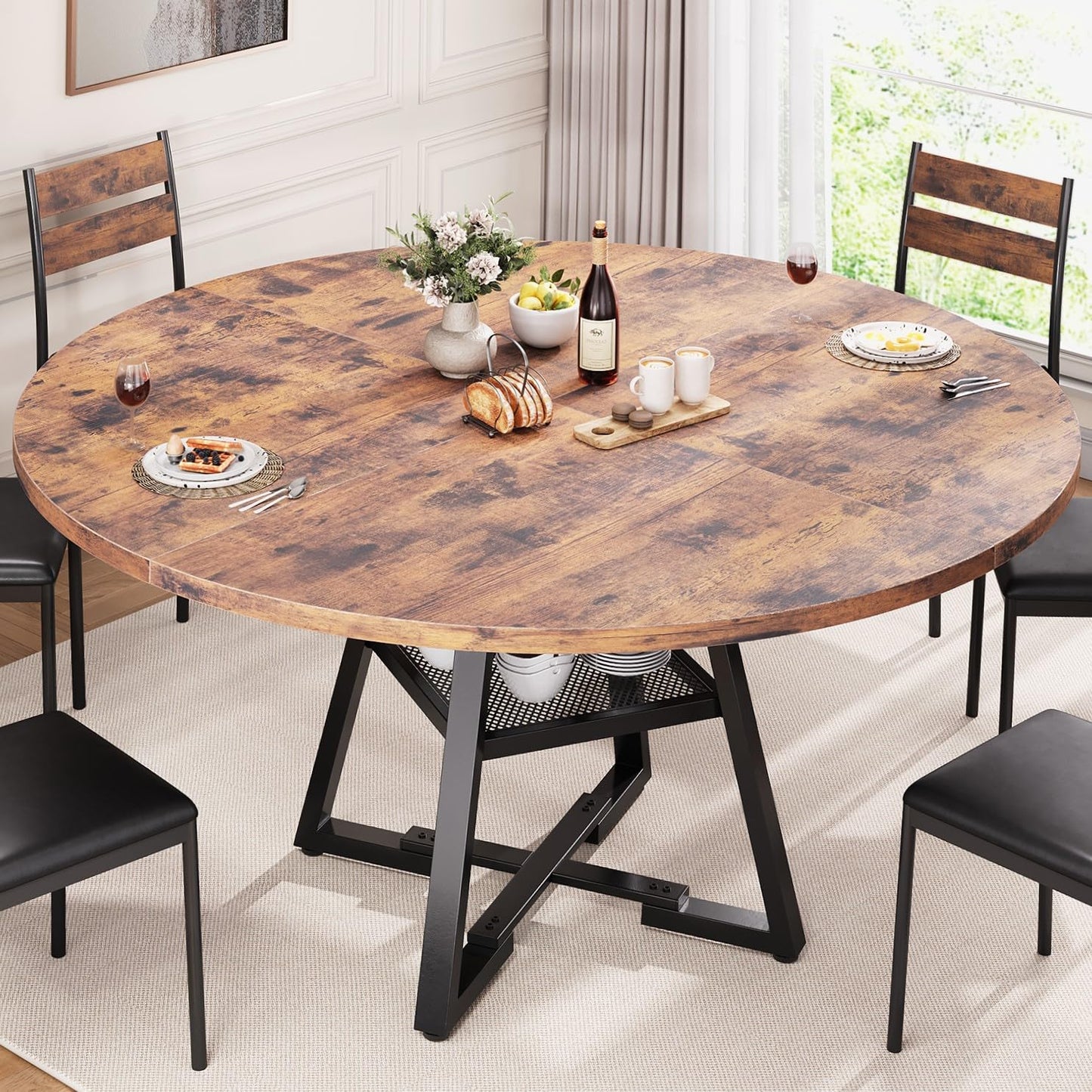 Jocoevol Esstisch Runder für 2–4 Personen, Esszimmertisch mit Ablage, platzsparender Küchentisch aus Holz im Industrial Design (Schwarz, 107x107x76cm)