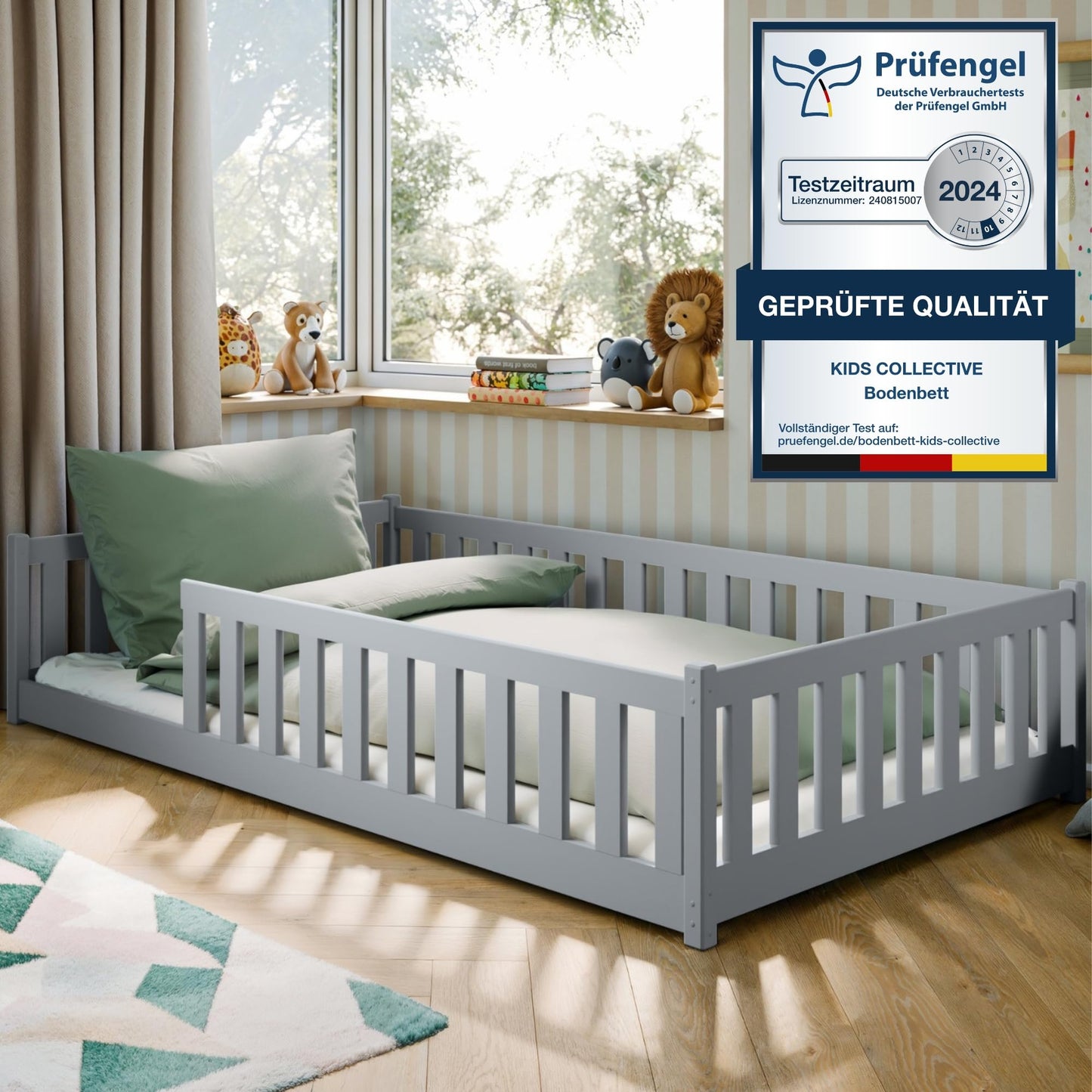 Kids Collective Kinderbett Bodenbett 120x200 cm Bett mit Rausfallschutz & Lattenrost Montessori Bett Bed Gitterbett Kinder Jugendbett Einzelbett | Natur Kiefer Holz massiv Junge Mädchen