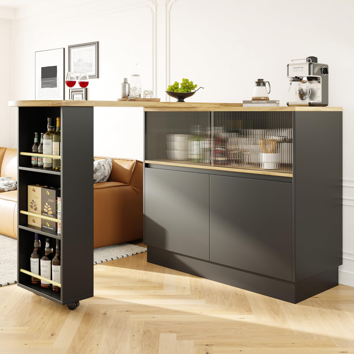 Merax Ausziehbarer Bartisch mit Stauraum, 360° drehbarer Beweglicher Bartisch Küchentheke Kücheninsel Kaffeeecke, mit Offene Ablagefächer, Glasschiebetür, Weiß/120-180 x 45 x 103 cm