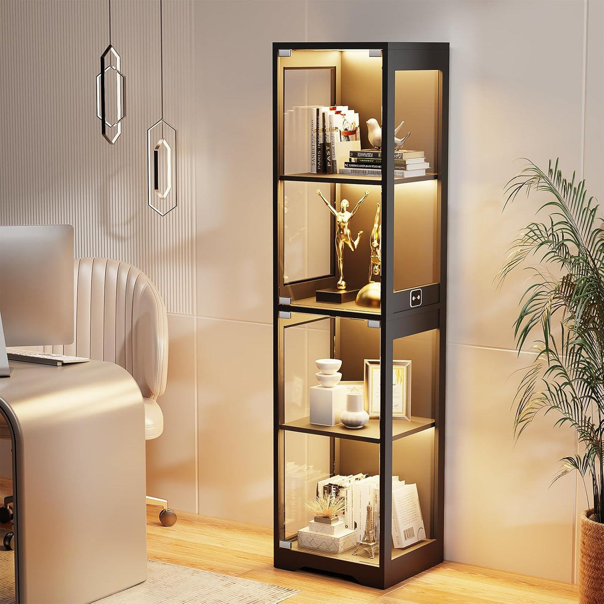 BROTTAR Glasvitrine mit Dreifarbig LED Beleuchtung und Glastüren, Glasvitrine Stehend mit Körpersensor-System, Sammlervitrine für Wohnzimmer, Büro, Bücher, Spielzimmer, Schwarz (40 x 35 x 160cm)