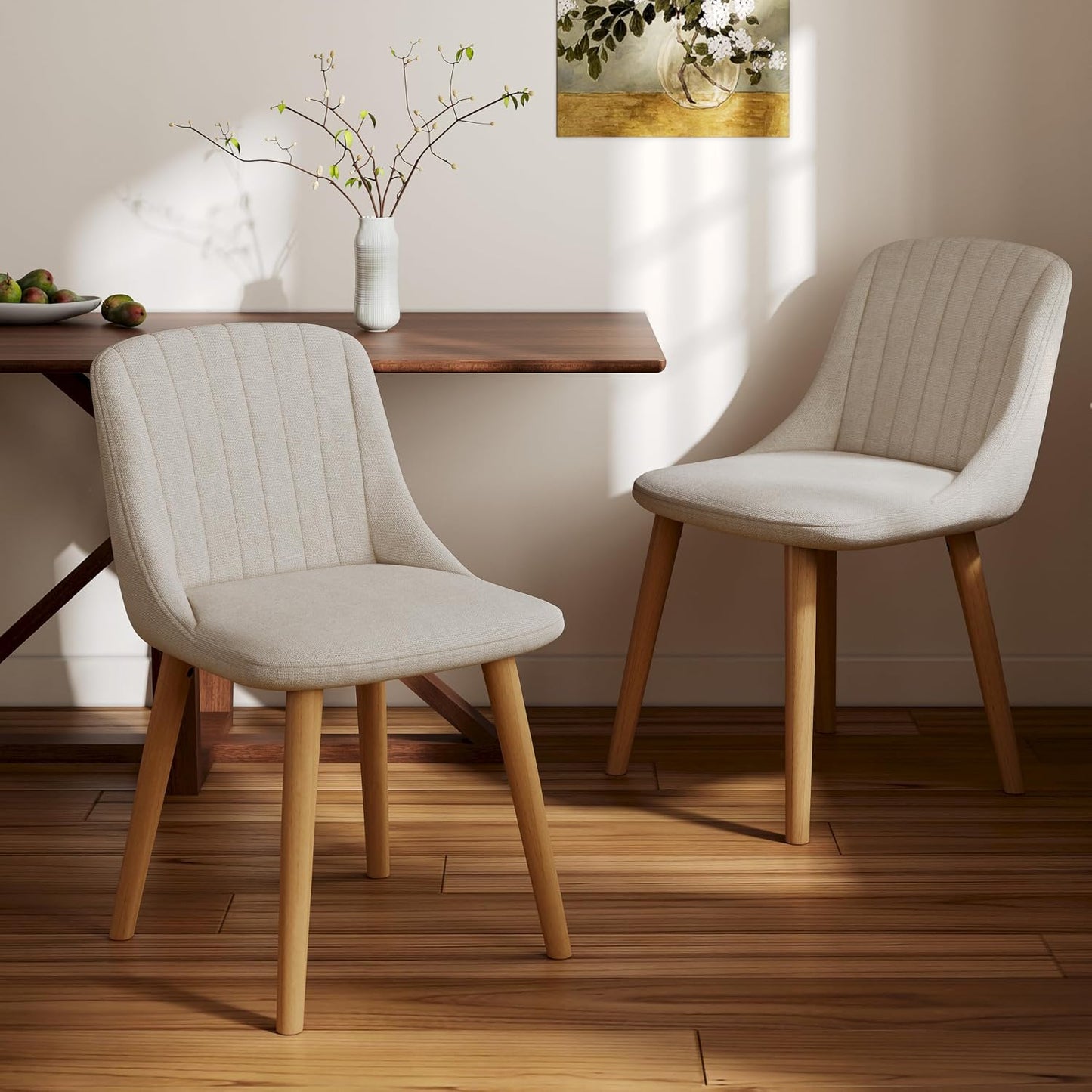 Esszimmerstühle Beige 4er Set Holzbeine Polsterstuhl Küchenstuhl aus Polyester Stühle Esszimmer Wohnzimmerstuhl für Esszimmer Küche Büro