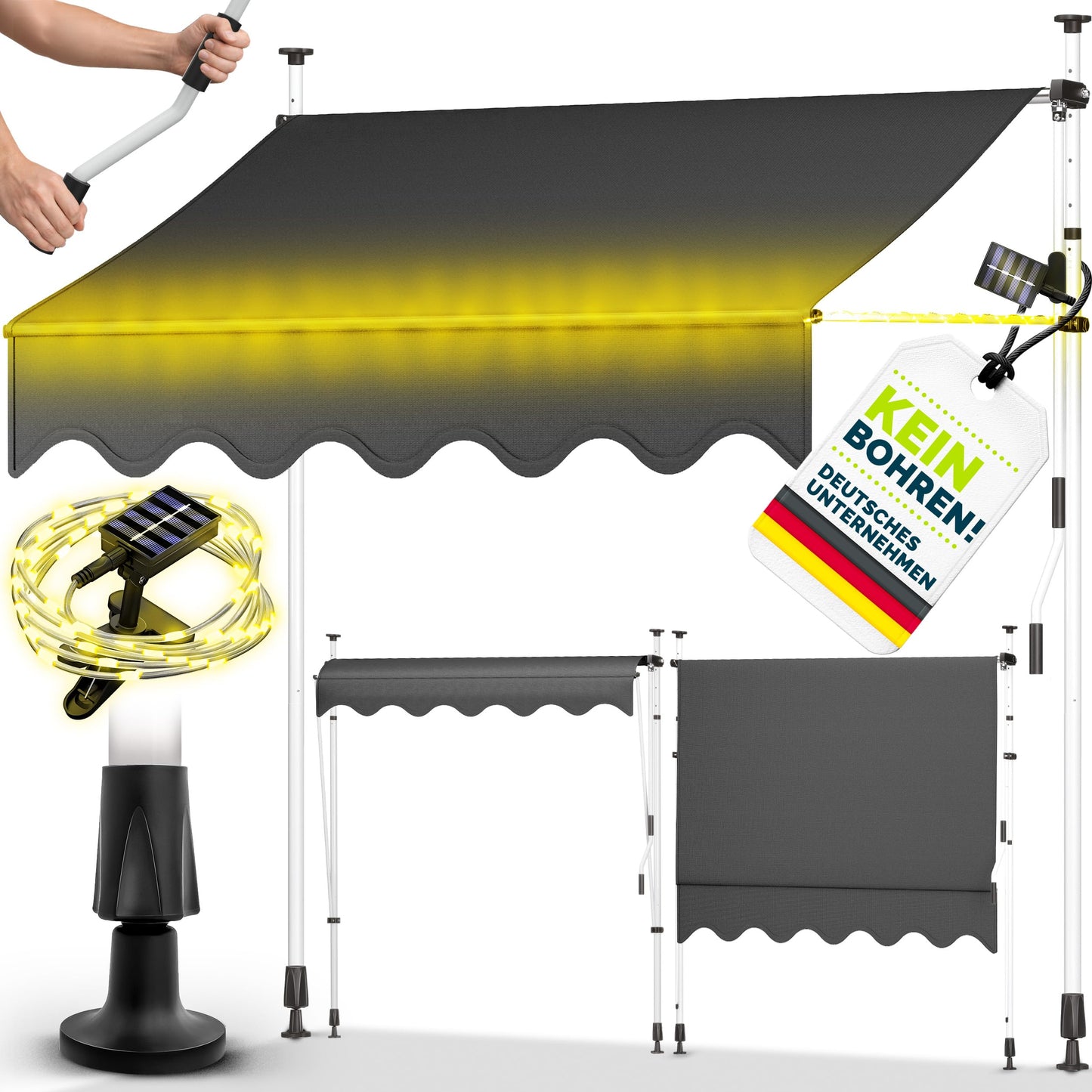 tillvex Klemmmarkise 350cm breit mit Handkurbel | Balkonmarkise ohne Bohren