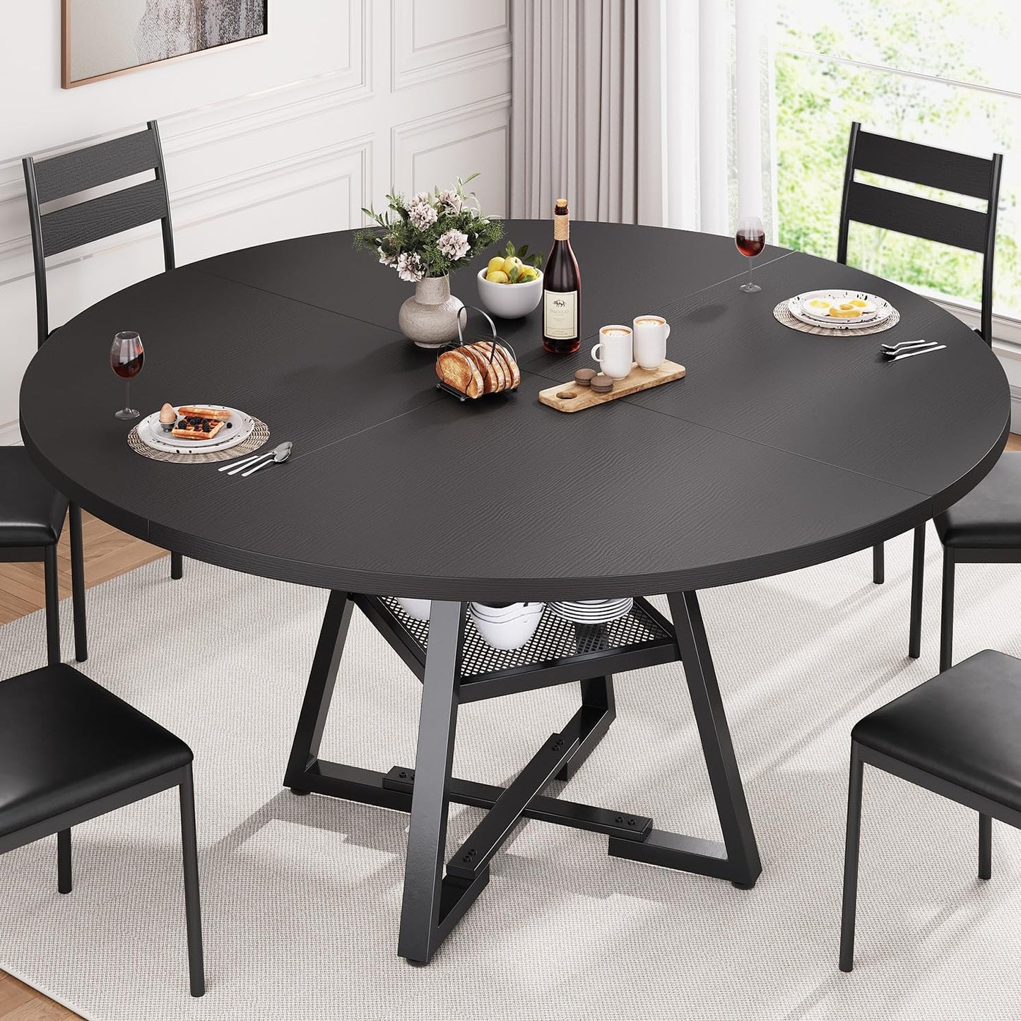 Jocoevol Esstisch Runder für 2–4 Personen, Esszimmertisch mit Ablage, platzsparender Küchentisch aus Holz im Industrial Design (Schwarz, 107x107x76cm)