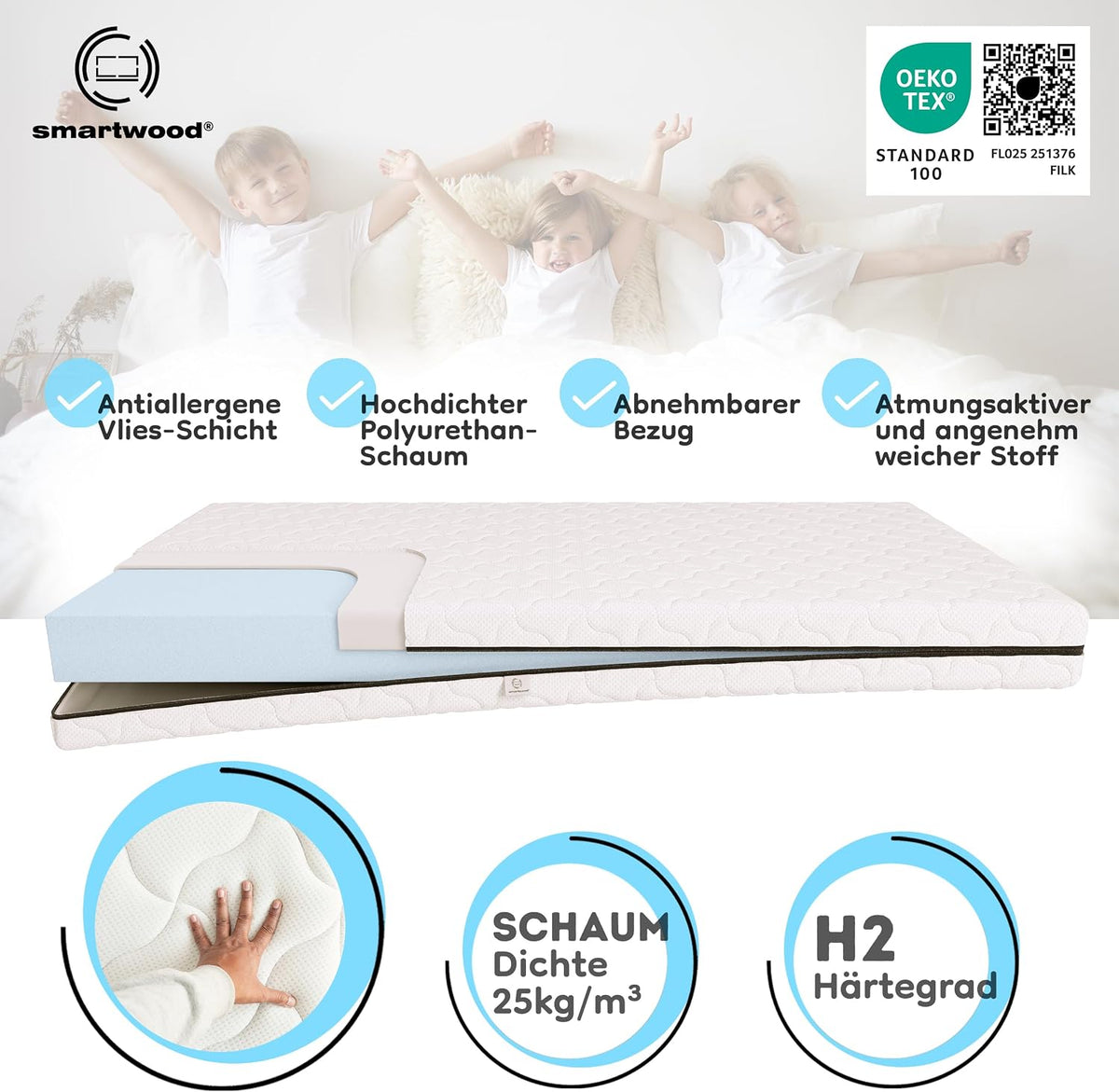 smartwood Matratze 90x200 12 cm, H2, Schaumstoff, SmartComfort
