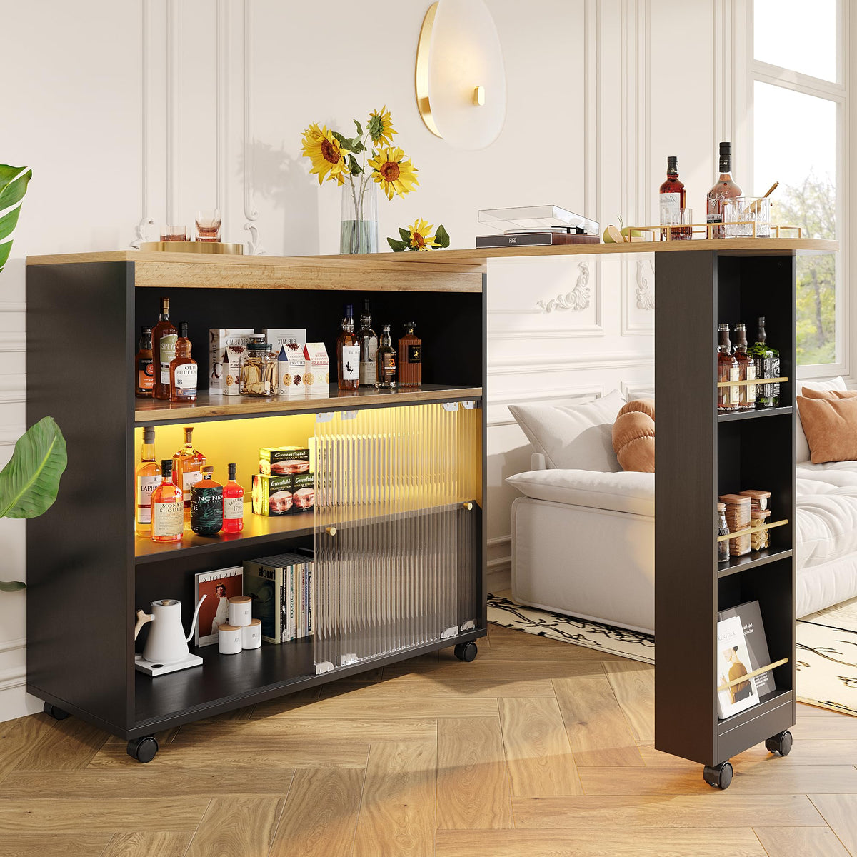 Merax Ausziehbarer Bartisch mit Stauraum, 360° drehbarer Beweglicher Bartisch Küchentheke Kücheninsel Kaffeeecke, mit Offene Ablagefächer, Glasschiebetür, Weiß/120-180 x 45 x 103 cm
