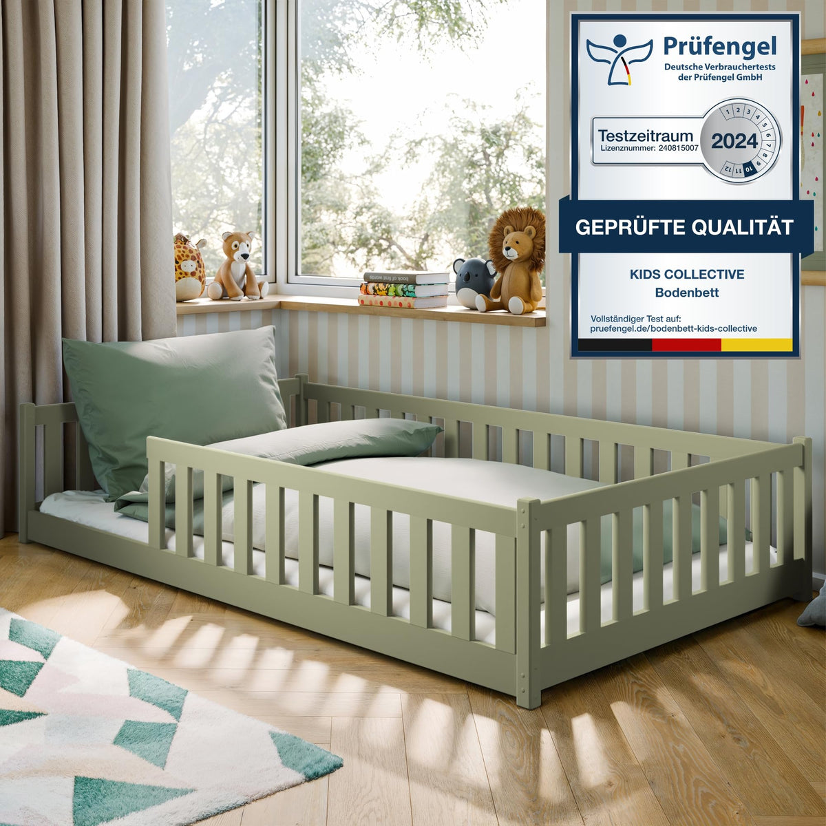 Kids Collective Kinderbett Bodenbett 120x200 cm Bett mit Rausfallschutz & Lattenrost Montessori Bett Bed Gitterbett Kinder Jugendbett Einzelbett | Natur Kiefer Holz massiv Junge Mädchen