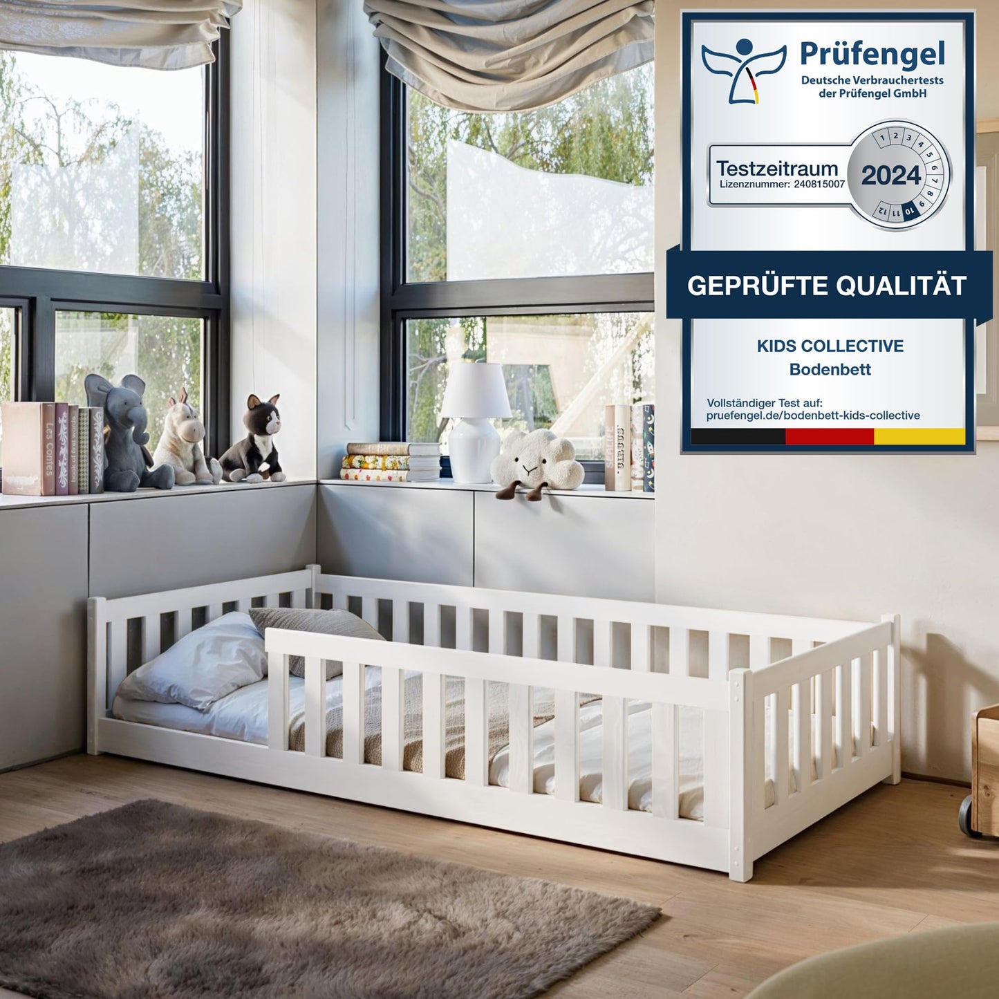 Kids Collective Kinderbett Bodenbett 120x200 cm Bett mit Rausfallschutz & Lattenrost Montessori Bett Bed Gitterbett Kinder Jugendbett Einzelbett | Natur Kiefer Holz massiv Junge Mädchen