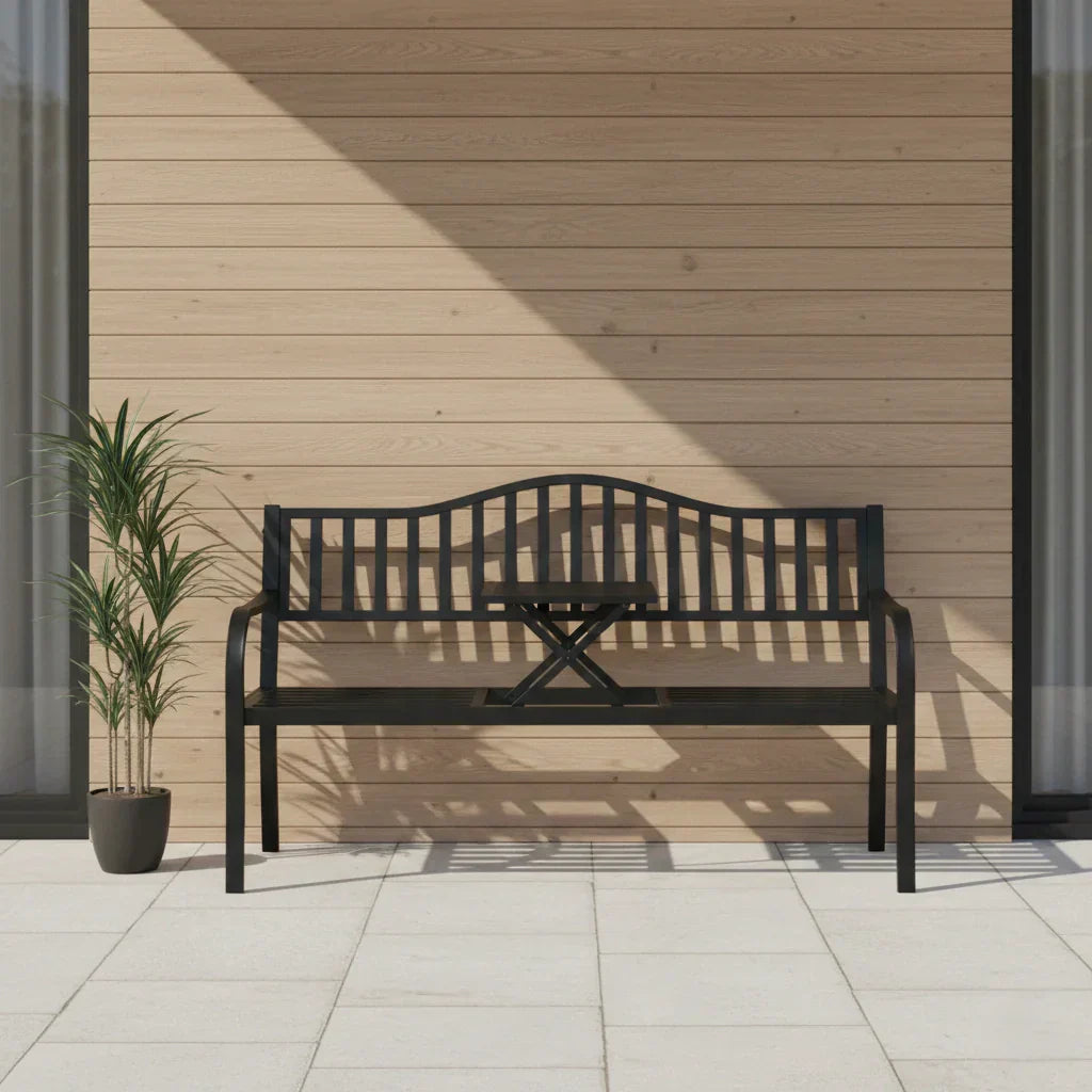 2-Sitzer Gartenbank aus Metall mit Ausziehbarem Tisch – 150 cm, Schwarz