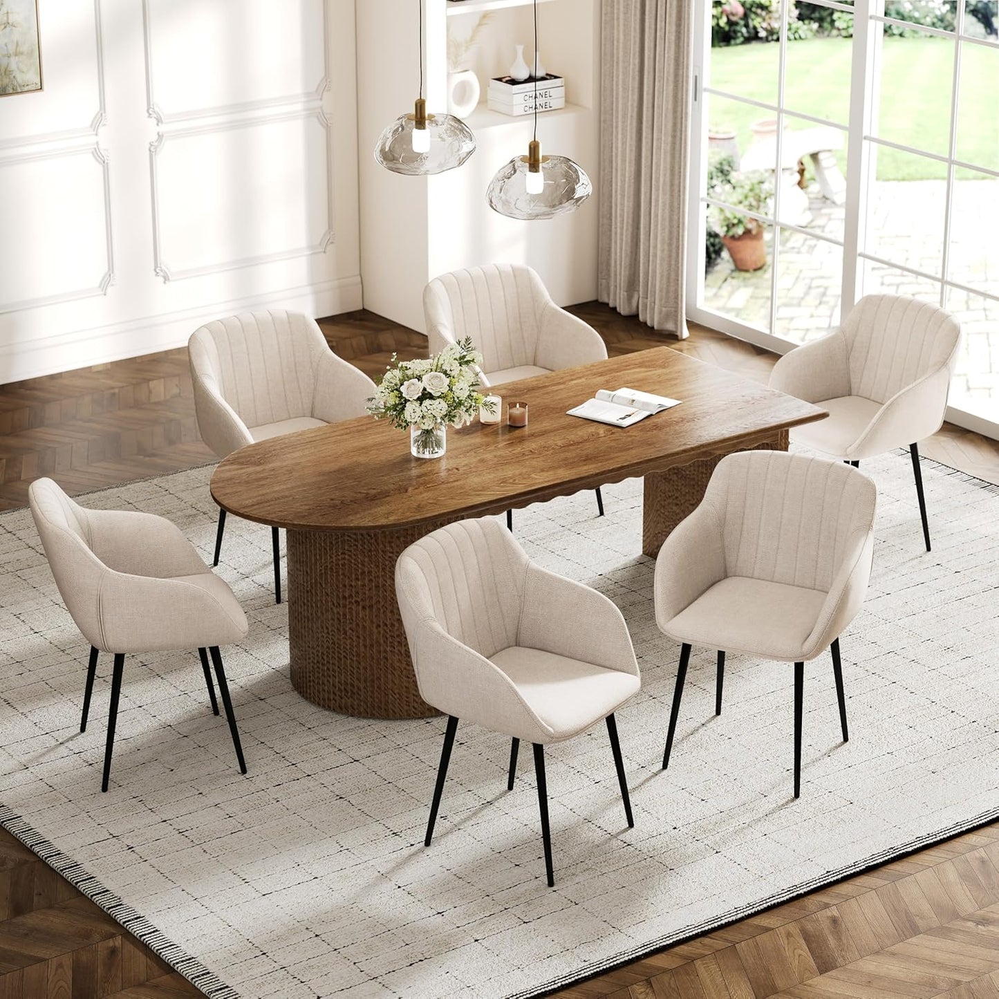 Esszimmerstühle Beige 4er Set mit Armlehnen, Modern Polsterstühle Leinen, Küchenstühle mit Metallgestell für Esszimmer, Wohnzimmer, Küche