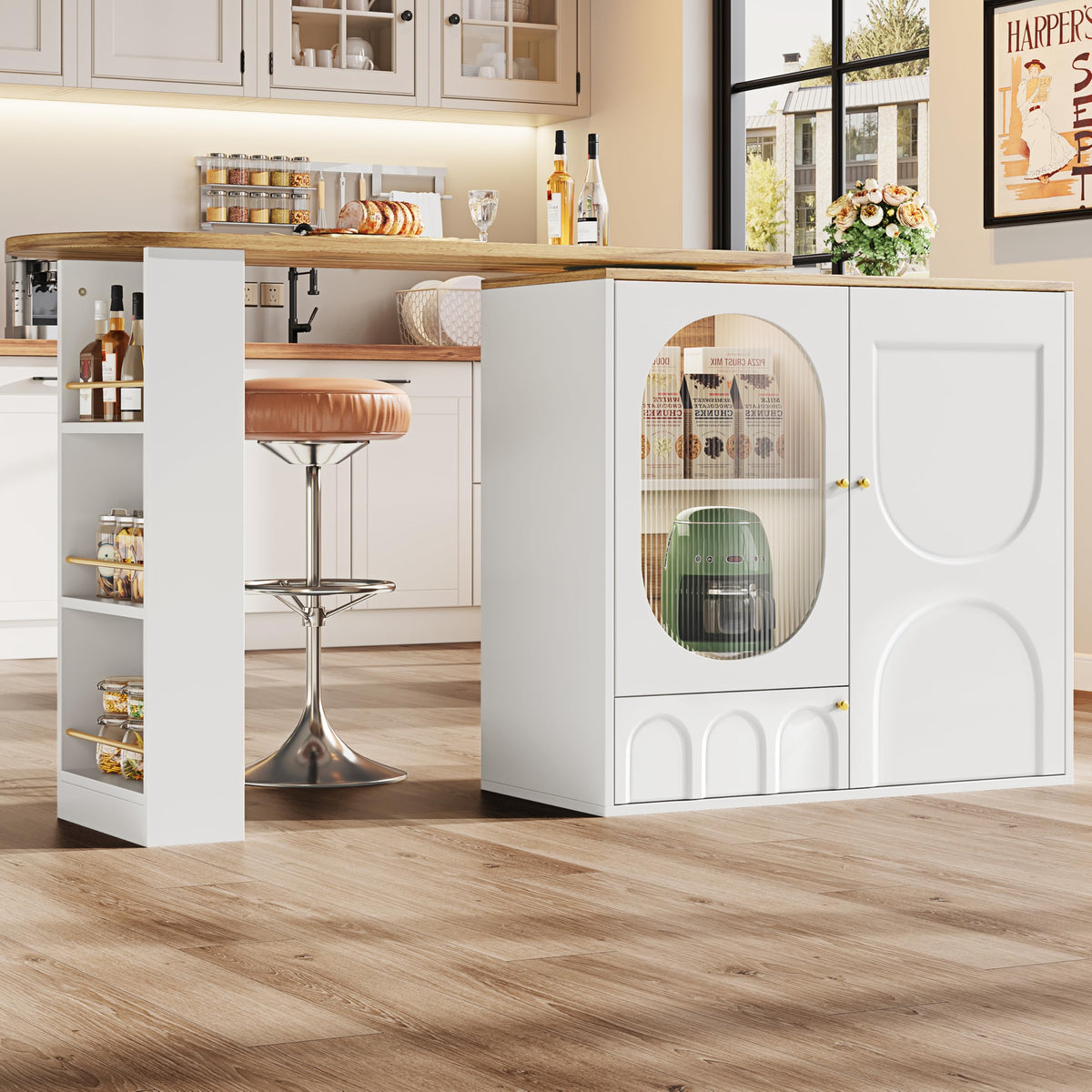 Merax Ausziehbarer Bartisch mit Stauraum, 360° drehbarer Beweglicher Bartisch Küchentheke Kücheninsel Kaffeeecke, mit Offene Ablagefächer, Glasschiebetür, Weiß/120-180 x 45 x 103 cm