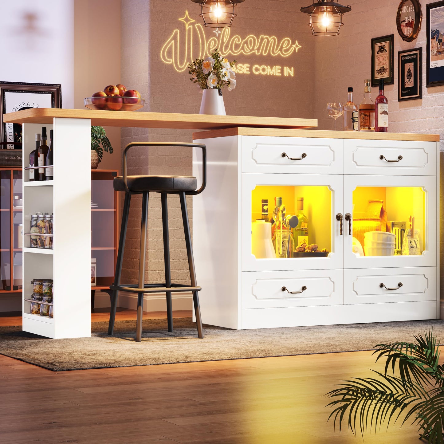 Merax Ausziehbarer Bartisch mit Stauraum, 360° drehbarer Beweglicher Bartisch Küchentheke Kücheninsel Kaffeeecke, mit Offene Ablagefächer, Glasschiebetür, Weiß/120-180 x 45 x 103 cm