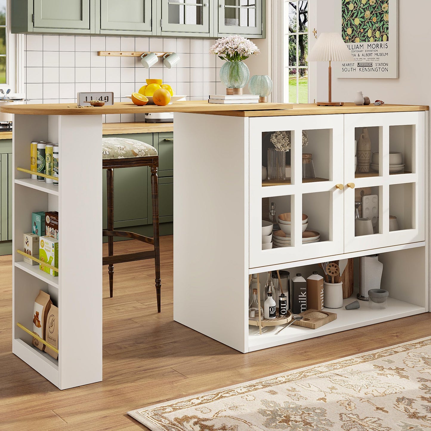 Merax Ausziehbarer Bartisch mit Stauraum, 360° drehbarer Beweglicher Bartisch Küchentheke Kücheninsel Kaffeeecke, mit Offene Ablagefächer, Glasschiebetür, Weiß/120-180 x 45 x 103 cm