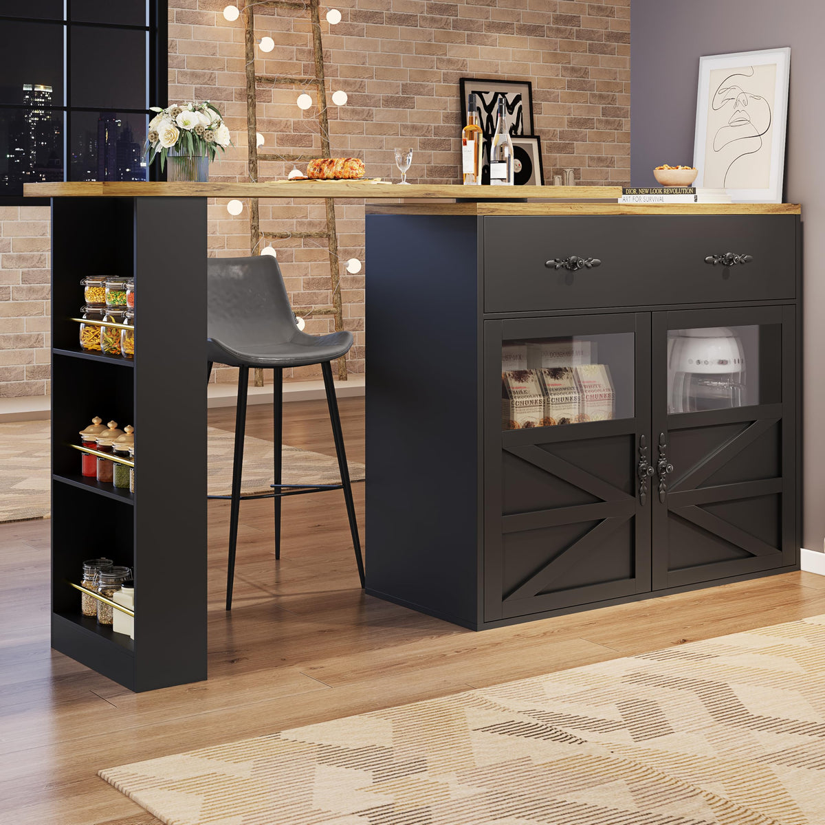 Merax Ausziehbarer Bartisch mit Stauraum, 360° drehbarer Beweglicher Bartisch Küchentheke Kücheninsel Kaffeeecke, mit Offene Ablagefächer, Glasschiebetür, Weiß/120-180 x 45 x 103 cm