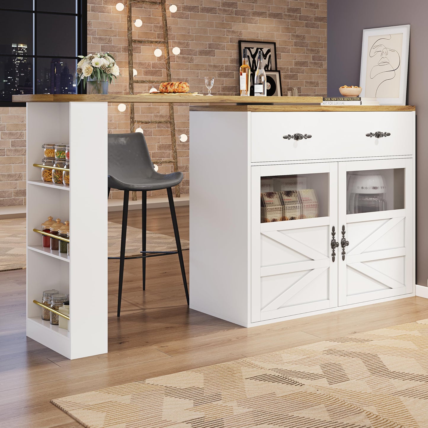 Merax Ausziehbarer Bartisch mit Stauraum, 360° drehbarer Beweglicher Bartisch Küchentheke Kücheninsel Kaffeeecke, mit Offene Ablagefächer, Glasschiebetür, Weiß/120-180 x 45 x 103 cm