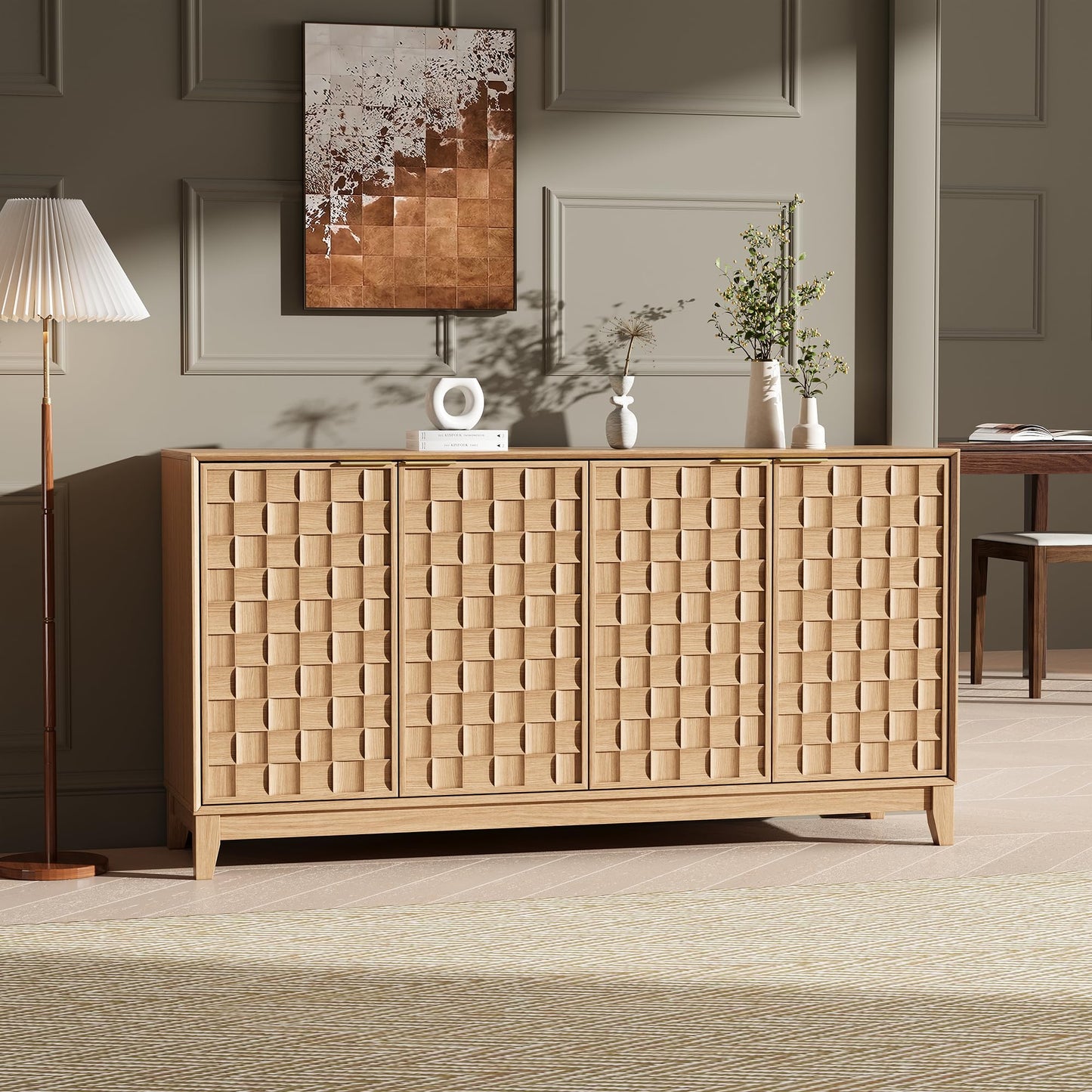 COLAMY Sideboard 150 cm Holz mit Stauraum – Modernes Sideboard für Wohnzimmer, Küchenschrank mit verstellbaren Einlegeböden, Buffet Schrank mit 3D Holzfront, Walnut