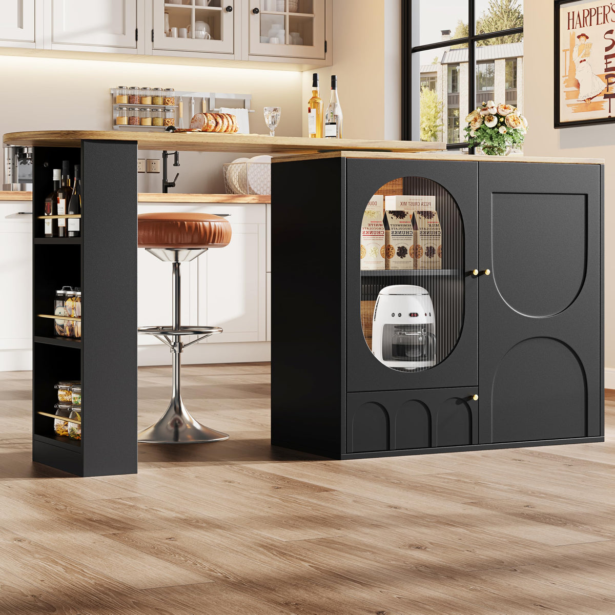 Merax Ausziehbarer Bartisch mit Stauraum, 360° drehbarer Beweglicher Bartisch Küchentheke Kücheninsel Kaffeeecke, mit Offene Ablagefächer, Glasschiebetür, Weiß/120-180 x 45 x 103 cm