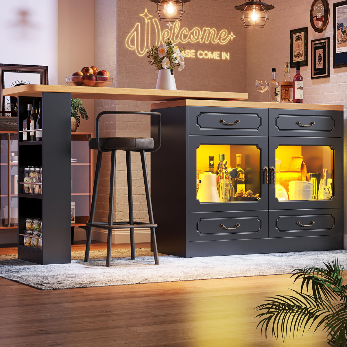 Merax Ausziehbarer Bartisch mit Stauraum, 360° drehbarer Beweglicher Bartisch Küchentheke Kücheninsel Kaffeeecke, mit Offene Ablagefächer, Glasschiebetür, Weiß/120-180 x 45 x 103 cm